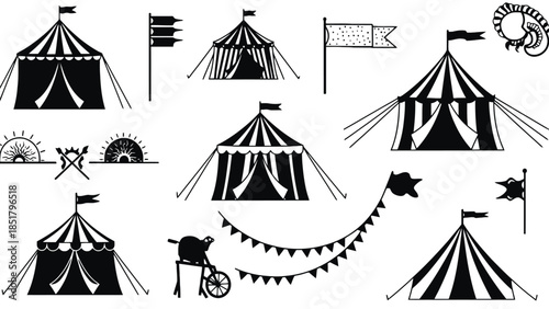 A collection of circus tents and decorative elements are shown.