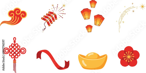 Flat lay of various Chinese New Year themed icons including lanterns, fireworks, and gold ingots on a white background with vibrant red and gold colors.