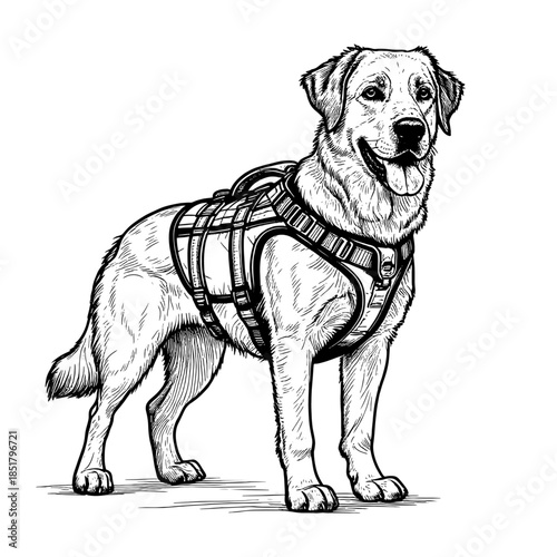 Service dog in equipment, black and white sketch. Digital illustration. Purebred rescue or guide dog, the drawing is isolated on a white background