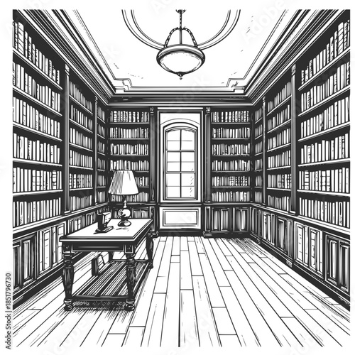 A library, bookshelves with books and a wooden table, a black and white sketch. Vector illustration. Lamp and cheekbone in the study of the mansion