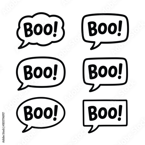 Several hand drawn speech bubbles displaying the word boo in black