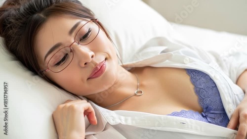 ベッドに横たわり眼鏡越しに切ない表情で見つめる女性