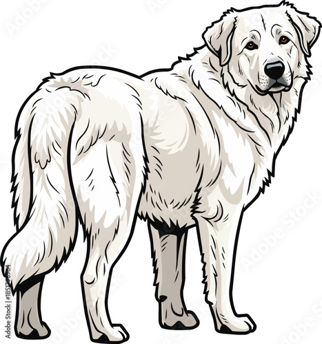 Kuvasz dog standing rear view looking back cute stance