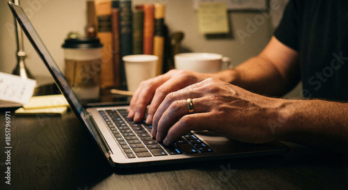 Close-up of hands typing on a laptop keyboard at a desk with books and coffee nearby. Remote work and productivity concept showing focused work in a home office or study environment.