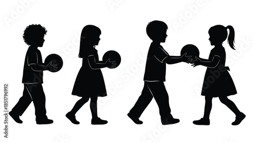 Children in silhouette play with balls on a white background.