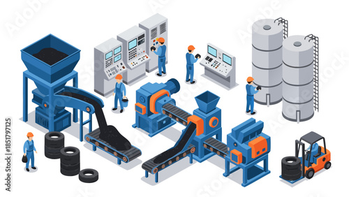Isometric illustration of a modern industrial tire recycling plant with machinery and workers.