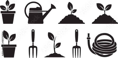 Gardening tools and growing plant icons set