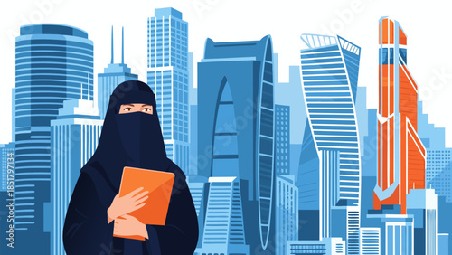 A Muslim woman in a hijab and niqab holding a folder stands in front of a modern cityscape with tall buildings.