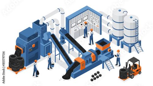 Industrial facility processing tires into rubber granules and other materials using heavy machinery and automated systems.