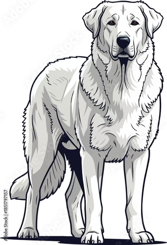 Kuvasz dog standing alert facing front guarding stance