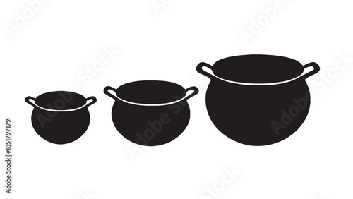 Three black cauldrons of varying sizes are displayed against a white background.