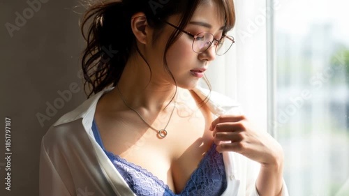 眼鏡をかけた若い女性が窓際でランジェリー姿で佇むポートレート