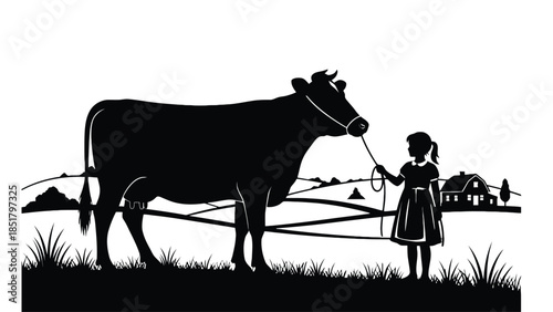 A girl leads a cow across a grassy field with farm buildings in the background.