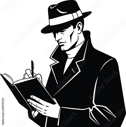 Noir Detective Writing Notes in Notebook – Isolated on Transparent Background Vector Illustration