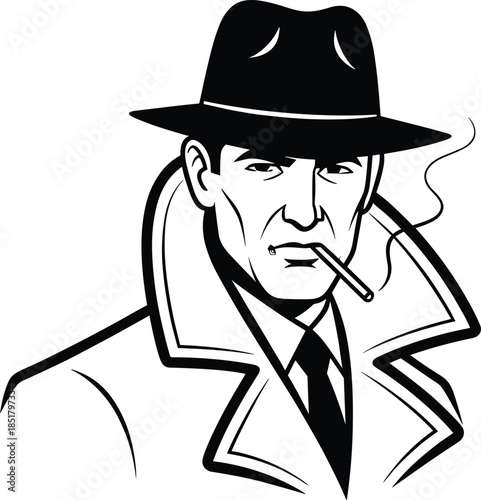 Noir Detective Portrait with Fedora Hat and Cigarette Isolated on Transparent Background Vector