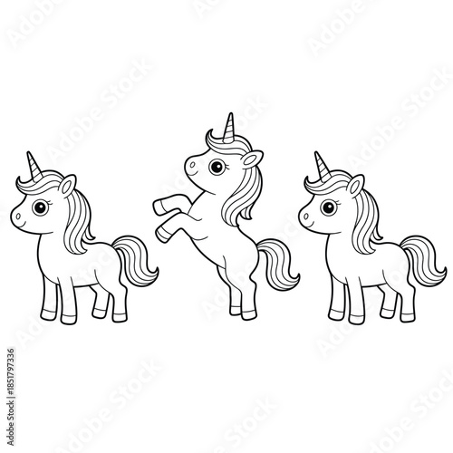 Three adorable unicorns presented in a charming black and white illustration