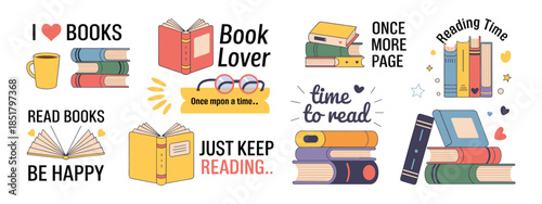 Book lover icon set with reading quotes, colorful cartoon-style illustrations of books, glasses, coffee mug, hearts, stars