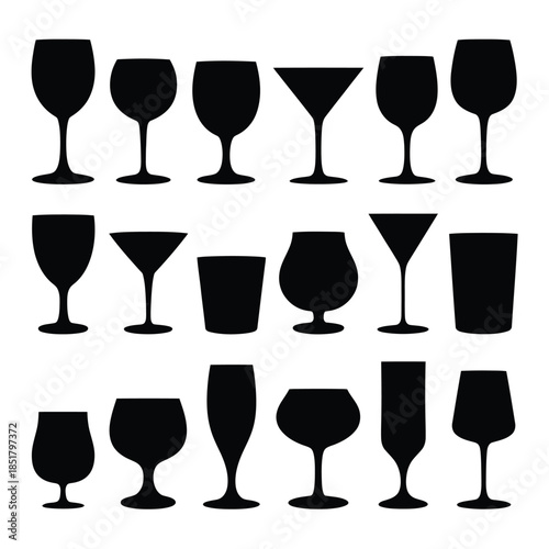 Collection of elegant black silhouette glassware shapes for various drinks