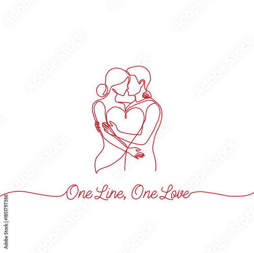 Embracing Love's Unity: A single continuous line art piece portrays the tender embrace of two souls, united in love, forming the shape of a heart, celebrating the beauty of connection and affection.