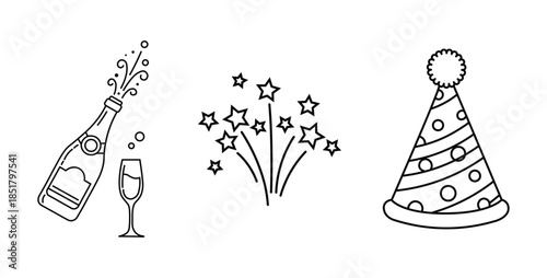 Happy New Year 2026 Champagne Bottle Fireworks Party Hat Doodle Vector Icon Set PNG