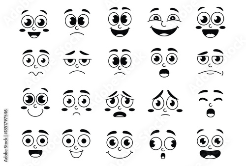 Cartoon facial expression icon set, emotional reaction faces with eyes, mouths, cheeks, vector illustration for communication design