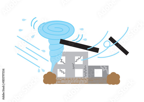 竜巻、台風で被害を受けて家の屋根が飛んでいるイラスト