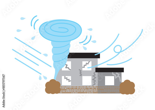 竜巻、台風で被害を受けた家のイラスト