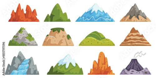 Cartoon mountain and hill icon set, colorful geological formations, volcano, snow peaks, rocky terrain, flat vector illustration