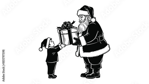 Santa Claus gives a gift to a child wearing a Santa hat.