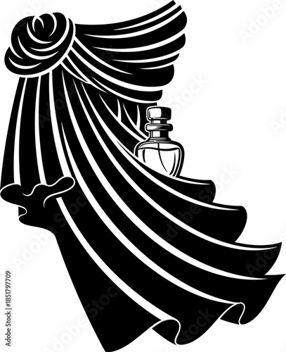 Black and white elegant curtain with perfume bottle, classic luxury beauty concept, vector illustration for fashion, salon, cosmetic design