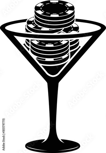 Martini glass with casino poker chips inside it. Poker themed drink menu item design. Gambling and nightlife abstract concept. Vector illustration