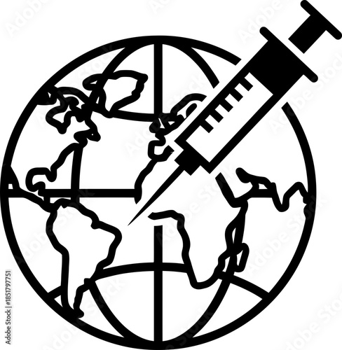 Earth globe injection with syringe symbol. Global immunization and vaccine delivery concept. Outline vector illustration for medical icon, poster design