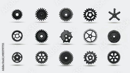 set of black gear wheels and cogs for machinery and mechanical systems