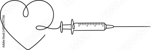 One continuous line drawing of heart shape blood donation concept formed from syringe. Healthcare and medical vector illustration for banner, poster