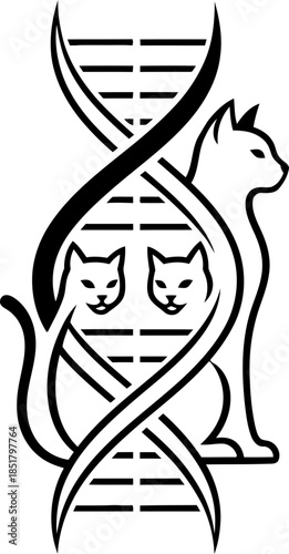 Black and white cat and kitten DNA double helix symbol. Heredity genetics and lineage concept. Vector illustration for biology, science, animal