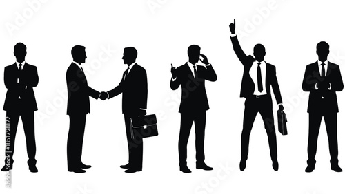 Silhouettes of businessmen in various poses against a white background.