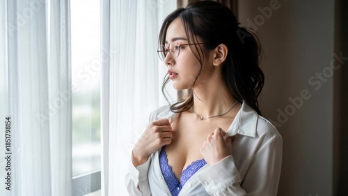 窓際でシャツの襟を整えながら遠くを見つめる眼鏡姿の女性