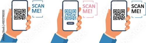 QR code smartphone icon set, cartoon hands holding phones with “SCAN ME!” text, flat vector illustration for marketing