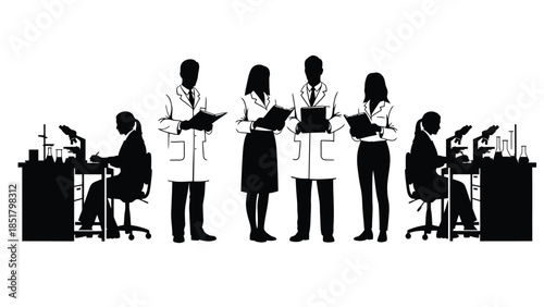 Scientists in lab coats work at desks with microscopes in a laboratory.