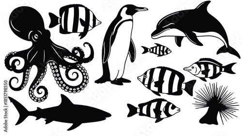 A collection of marine animals and a penguin are depicted in silhouette.
