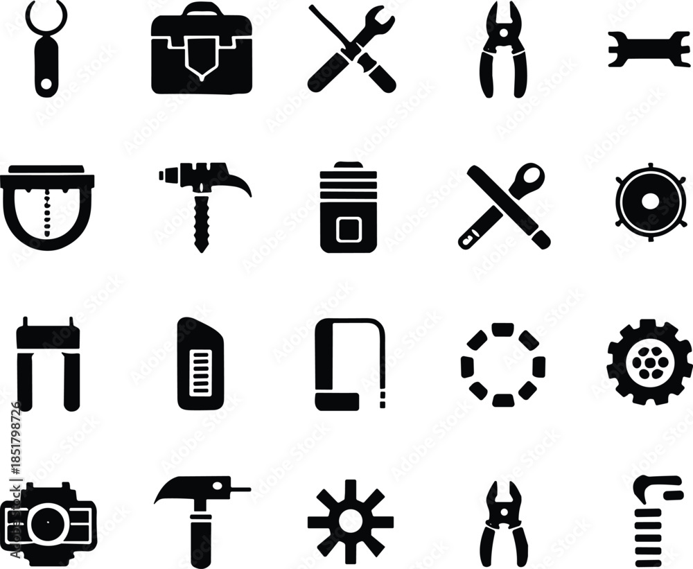 Obraz premium Black Silhouette Repair and Construction Tools Icons Set Featuring Workshop Hardware Equipment for Industrial Maintenance Vector Illustration Design Collection