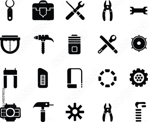 Black Silhouette Repair and Construction Tools Icons Set Featuring Workshop Hardware Equipment for Industrial Maintenance Vector Illustration Design Collection
