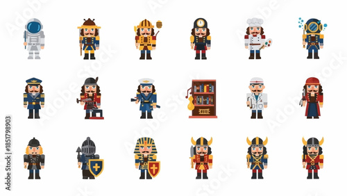 Collection of Diverse Pixel Art Characters in Historical and Modern Roles.