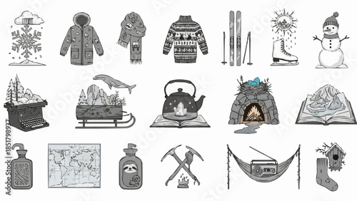 Winter season collection of clothing and outdoor adventure gear.