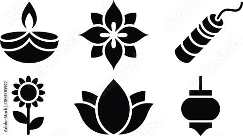 Diwali and Hindu spiritual icon set featuring lotus flowers, oil lamps, festival symbols in bold black silhouette vector style
