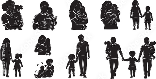 Family silhouettes holding and caring for children