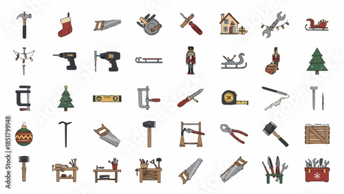 Collection of Various Tools and Christmas Themed Objects.
