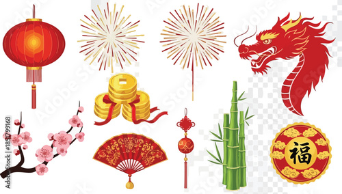 Collage of Chinese New Year decorations and symbols including lanterns, fireworks, dragon, flowers, and auspicious objects on a transparent background.