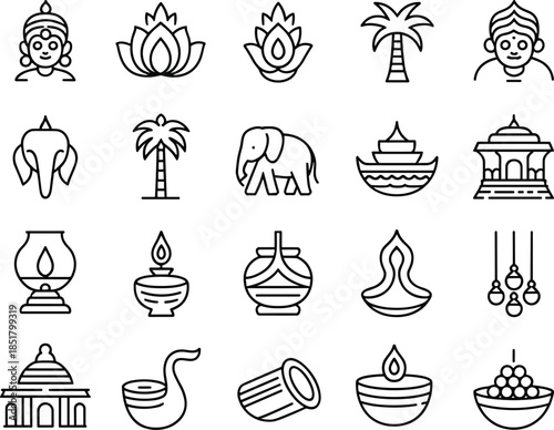 Indian Hindu culture line icon set featuring deities, temples, lotus, lamps, elephant symbols in minimal outline vector style
