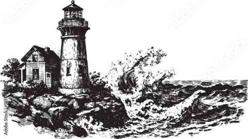 Lighthouse on a rocky coast with waves crashing, depicted in a vintage vector illustration. A detailed environmental scene showcases coastal beauty.